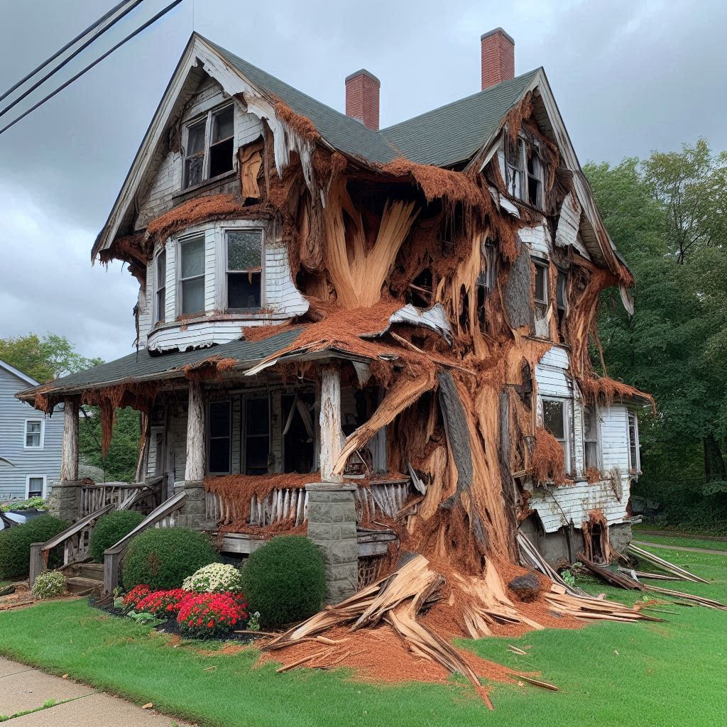 Blog Article - Tree with visible damage, including broken branches and signs of disease near an Sharon home